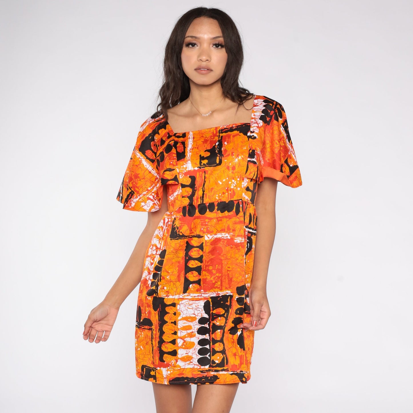 70s Hilo Hattie Hawaiian Mini Dress Orange Tropical Empire Waist Small