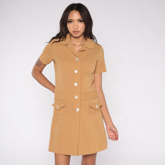 60s Mod Tan Shift Mini Dress with Built-In Shorts Medium