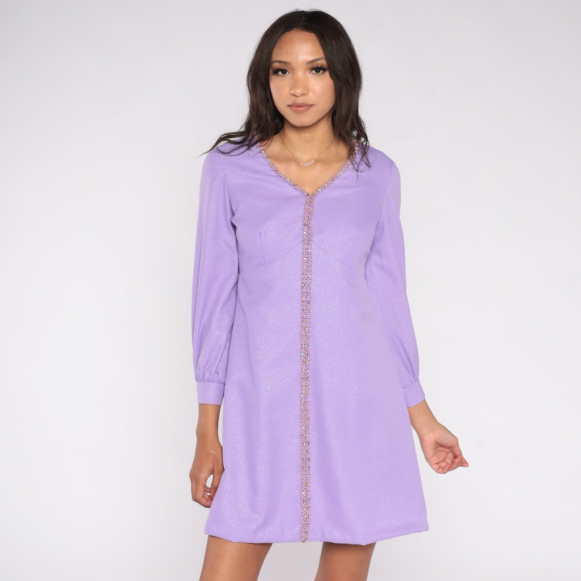 70s Metallic Purple Beaded Mini Dress Empire Waist – Shopexile