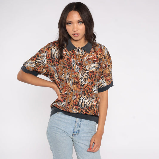90s Leopard Tiger Print Polo Shirt Slouchy Collared Top Medium