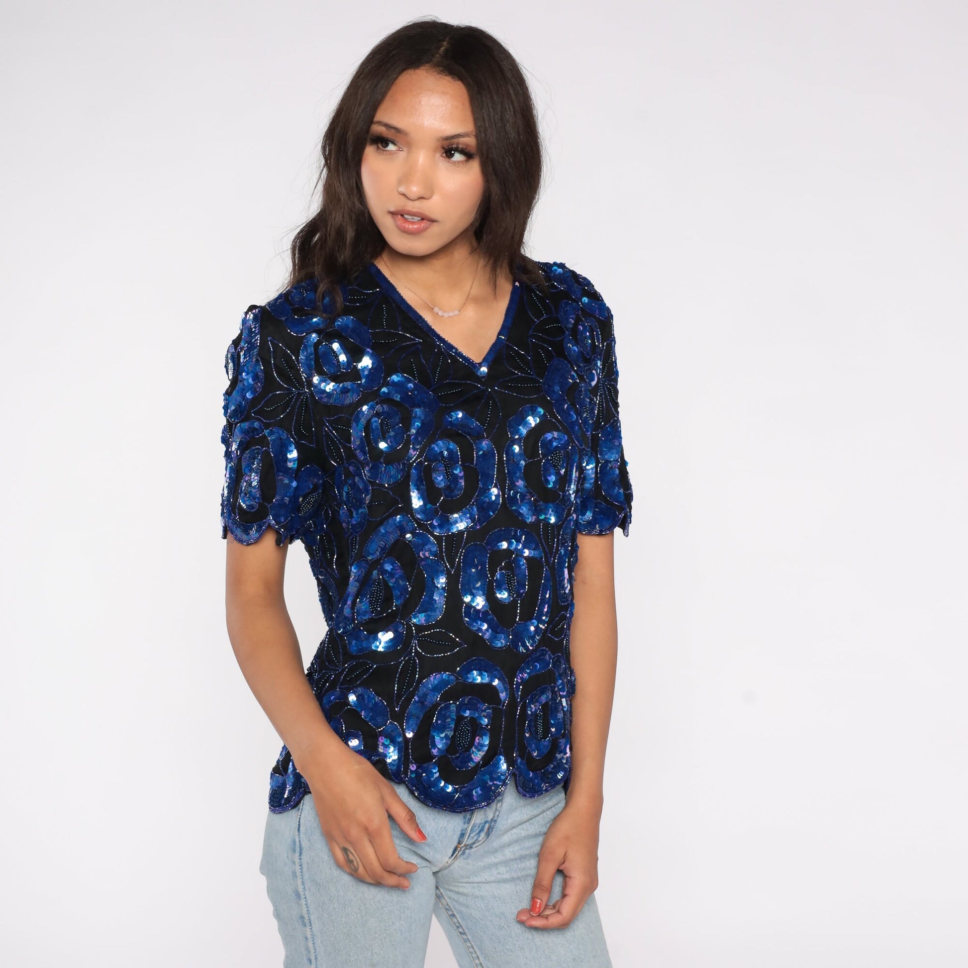 90s Black Silk Sequin Blouse Floral Beaded Short Sleeve Medium M