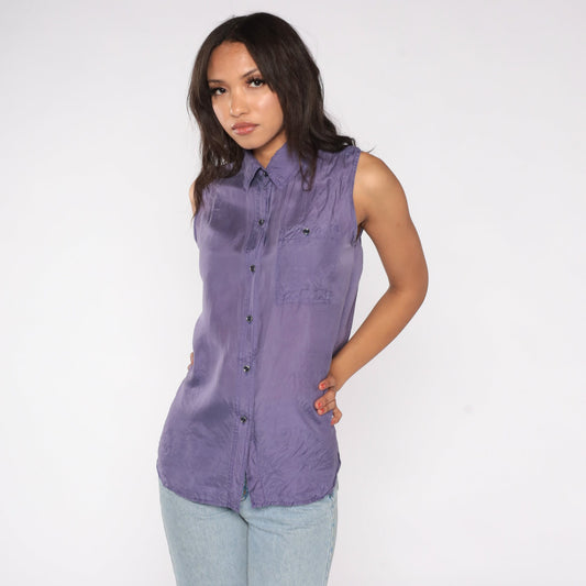 90s Jonathan Martin Purple Silk Sleeveless Button-Up Blouse Medium