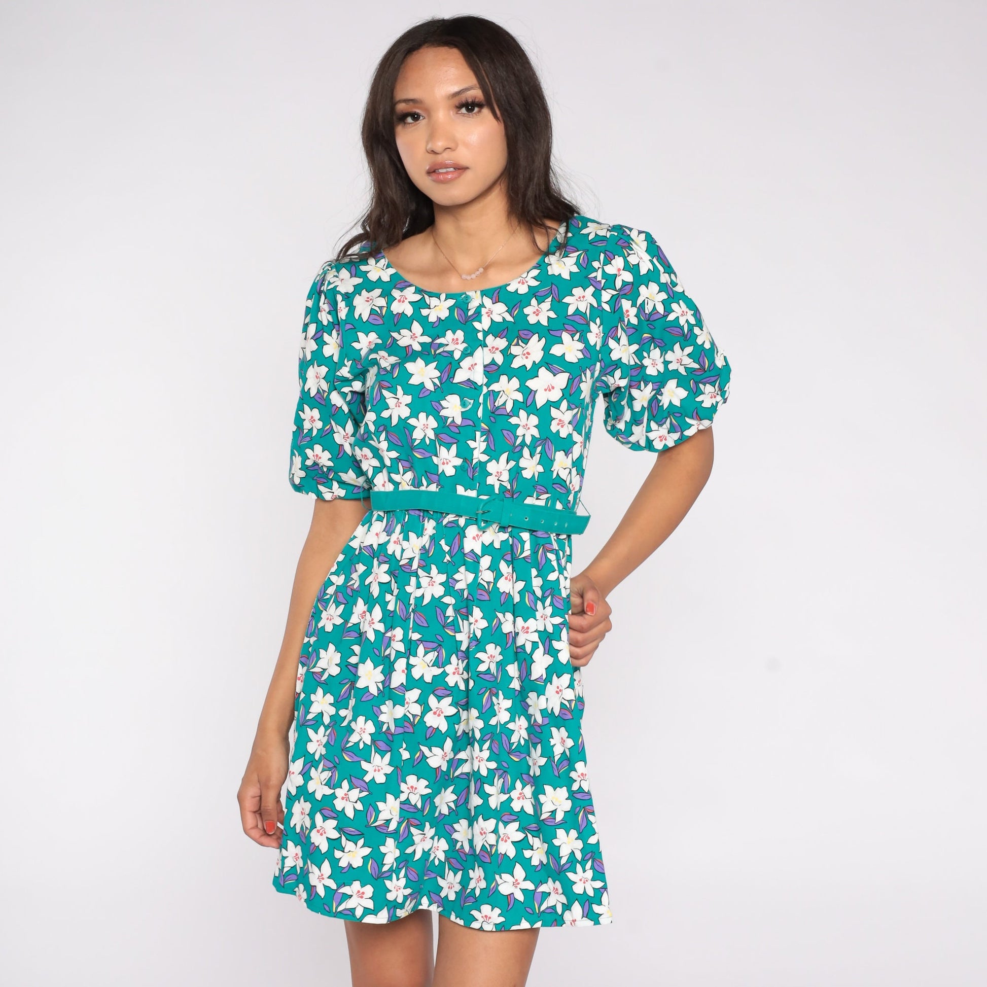 80s Petite by Willi Floral Mini Dress Teal Puff Sleeve Button-Up Small