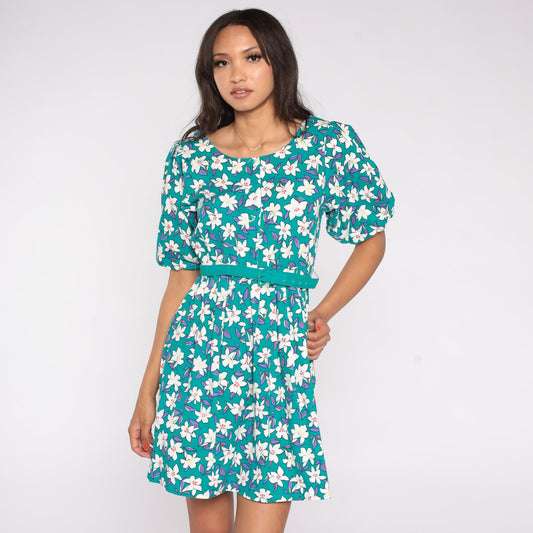 80s Petite by Willi Floral Mini Dress Teal Puff Sleeve Button-Up Small