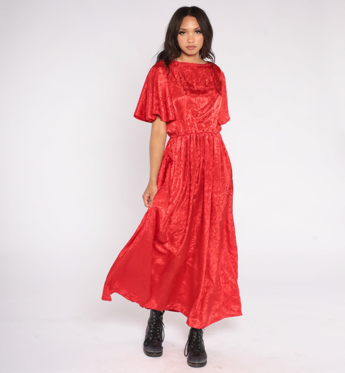 70s Red Maxi Dress Flutter Sleeve Embossed Tropical Floral High Waist Small