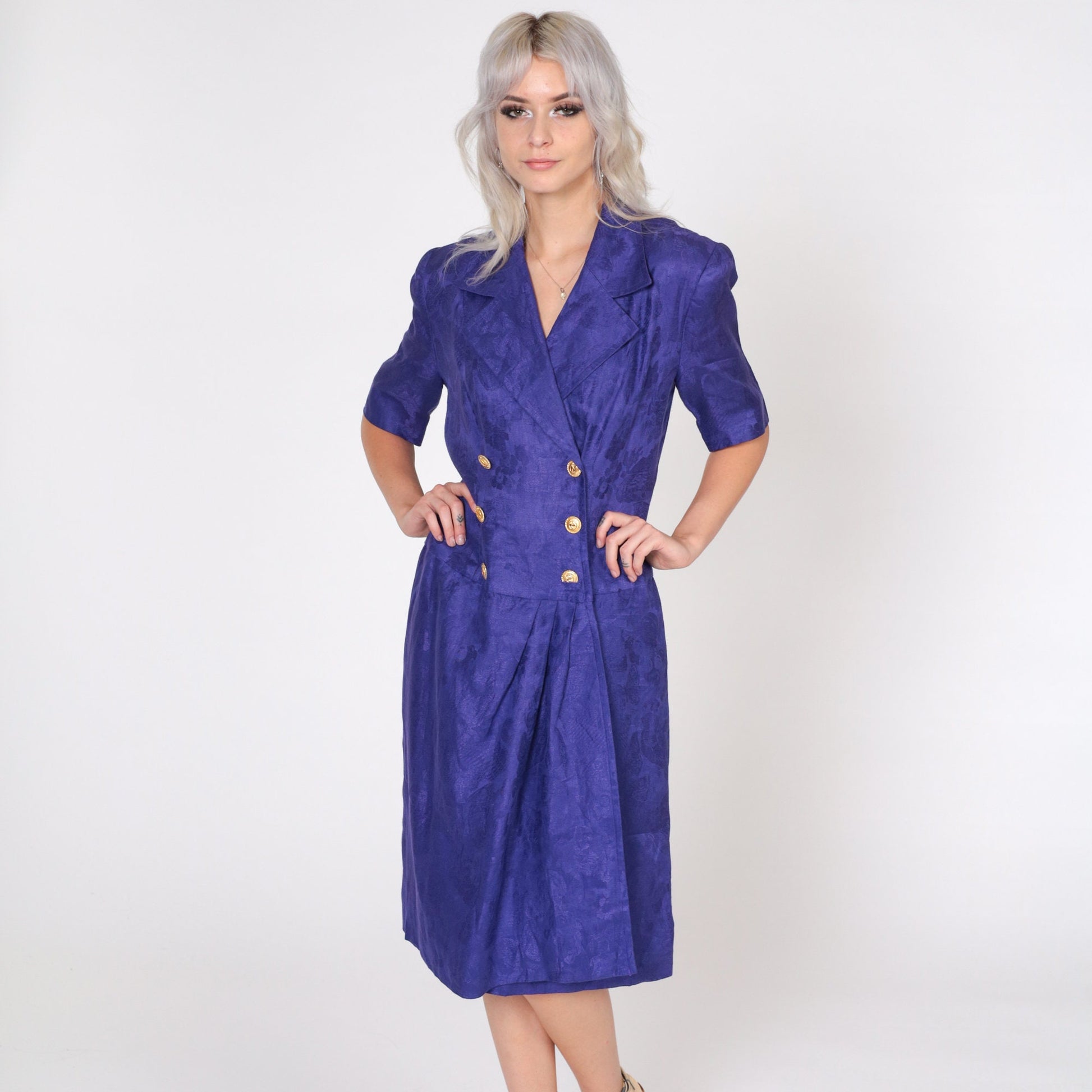 80s Albert Nipon Purple Linen Midi Dress Embossed Floral Wrap Button-Up Puff Sleeve Medium 8