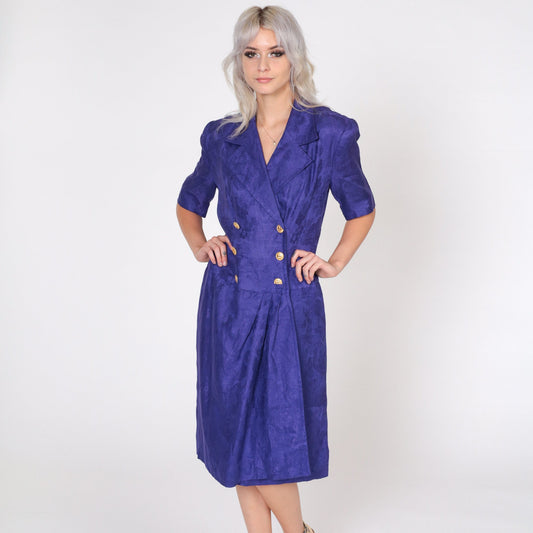 80s Albert Nipon Purple Linen Midi Dress Embossed Floral Wrap Button-Up Puff Sleeve Medium 8