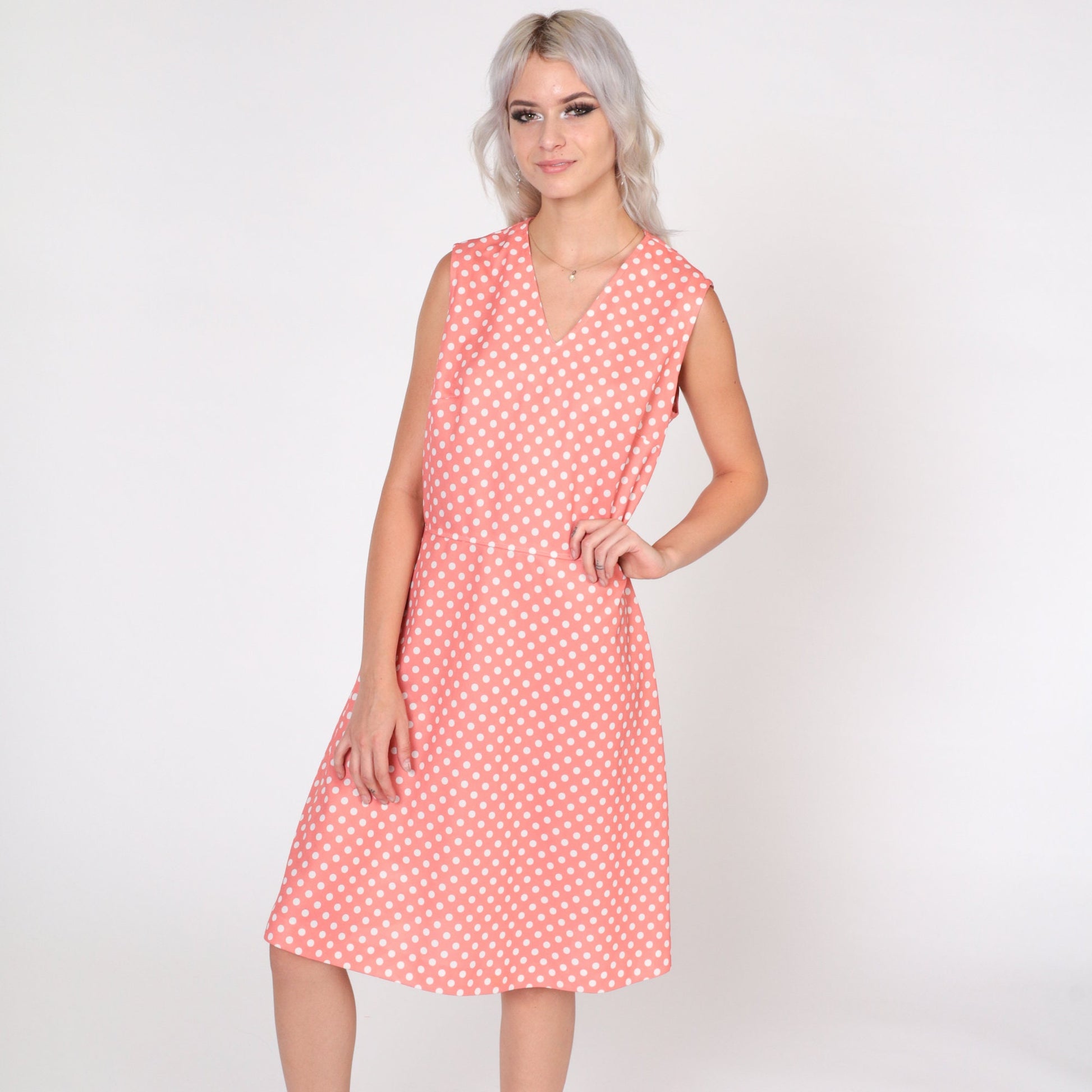 70s Pink Polka Dot Mini Dress Sleeveless V-Neck High Waist Medium