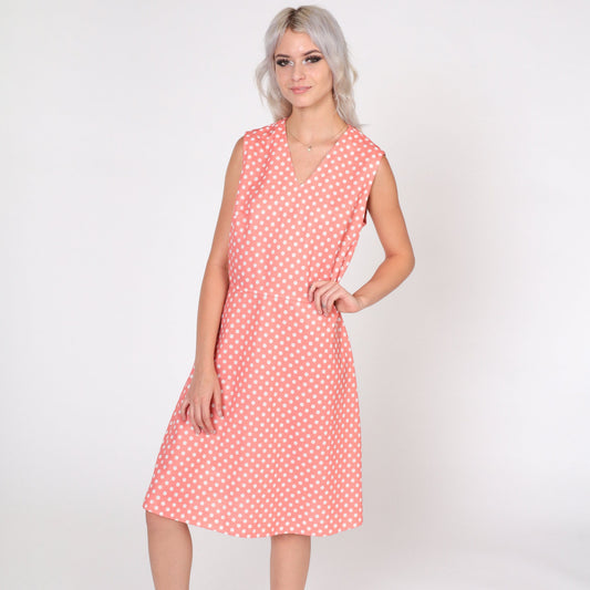 70s Pink Polka Dot Mini Dress Sleeveless V-Neck High Waist Medium
