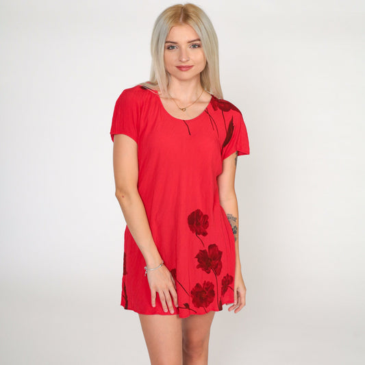 90s Red Floral Mini Dress Scoop Neck Short Sleeve Medium