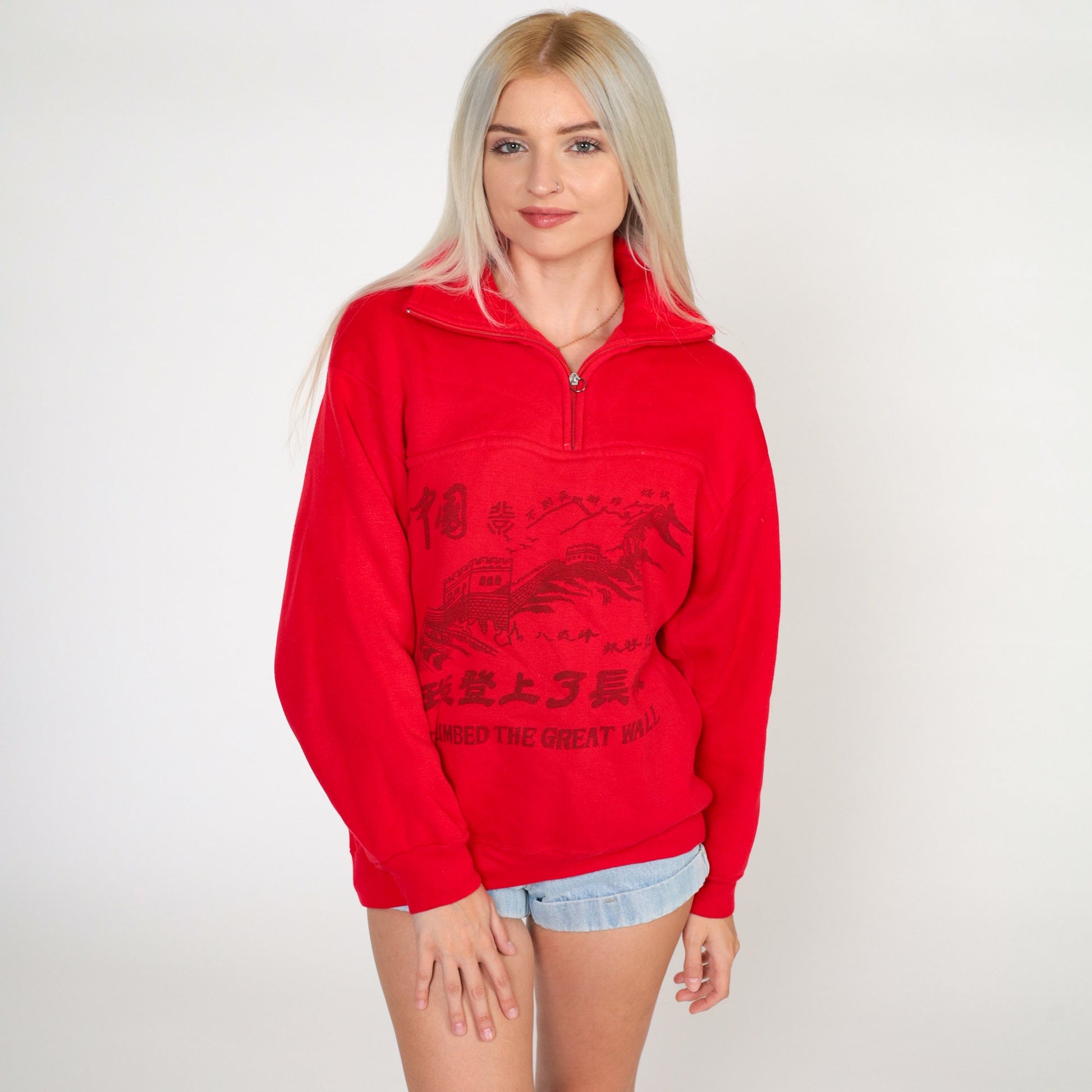 80s Great Wall of China Sweatshirt Quarter Zip White Graphic Medium