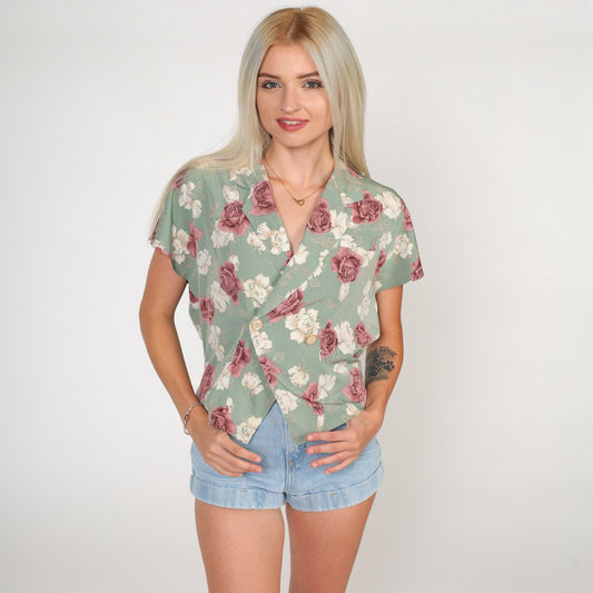 90s Floral Wrap Blouse Green Flower Print Button-Up Cap Sleeve Large