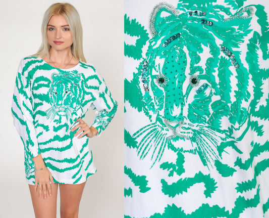 80s Beaded Tiger T-Shirt Sequined Animal Graphic Tee Green White Small