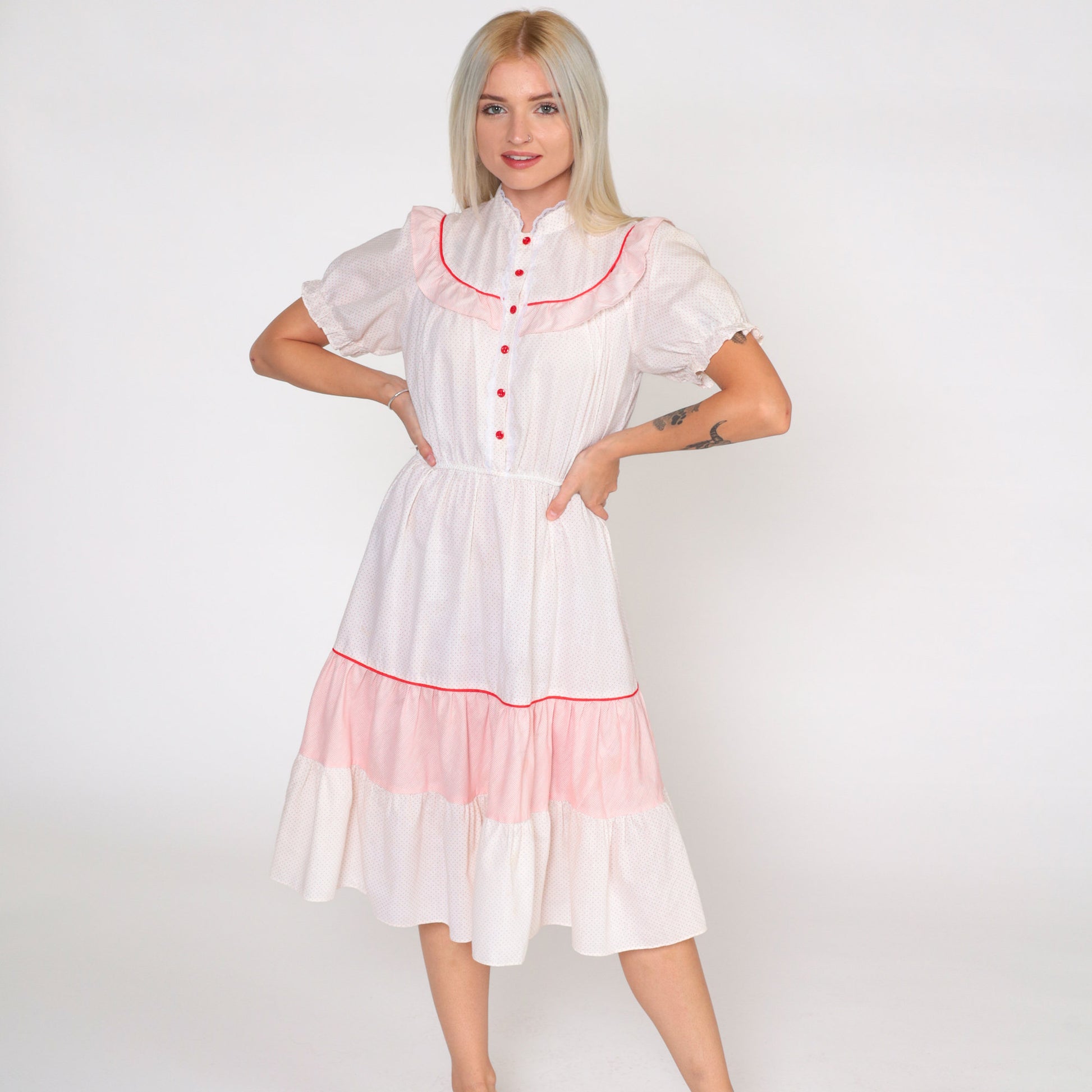 70s White Red Polka Dot Prairie Dress Puff Sleeve High Waist Button Front Small