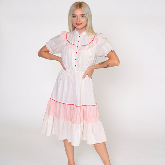 70s White Red Polka Dot Prairie Dress Puff Sleeve High Waist Button Front Small