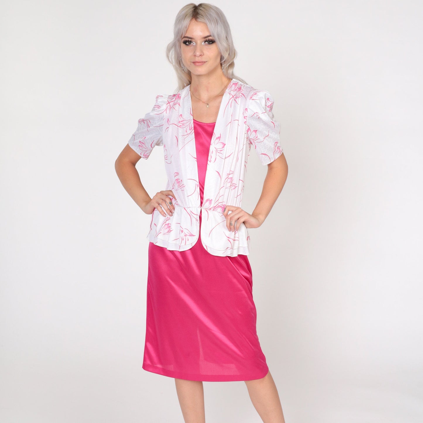 80s Pink Floral Midi Dress with Attached White Blouse Puff Sleeve Small
