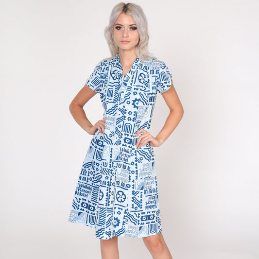 70s Waikiki Hotel Resort Print Mini Dress Blue Puff Sleeve Small