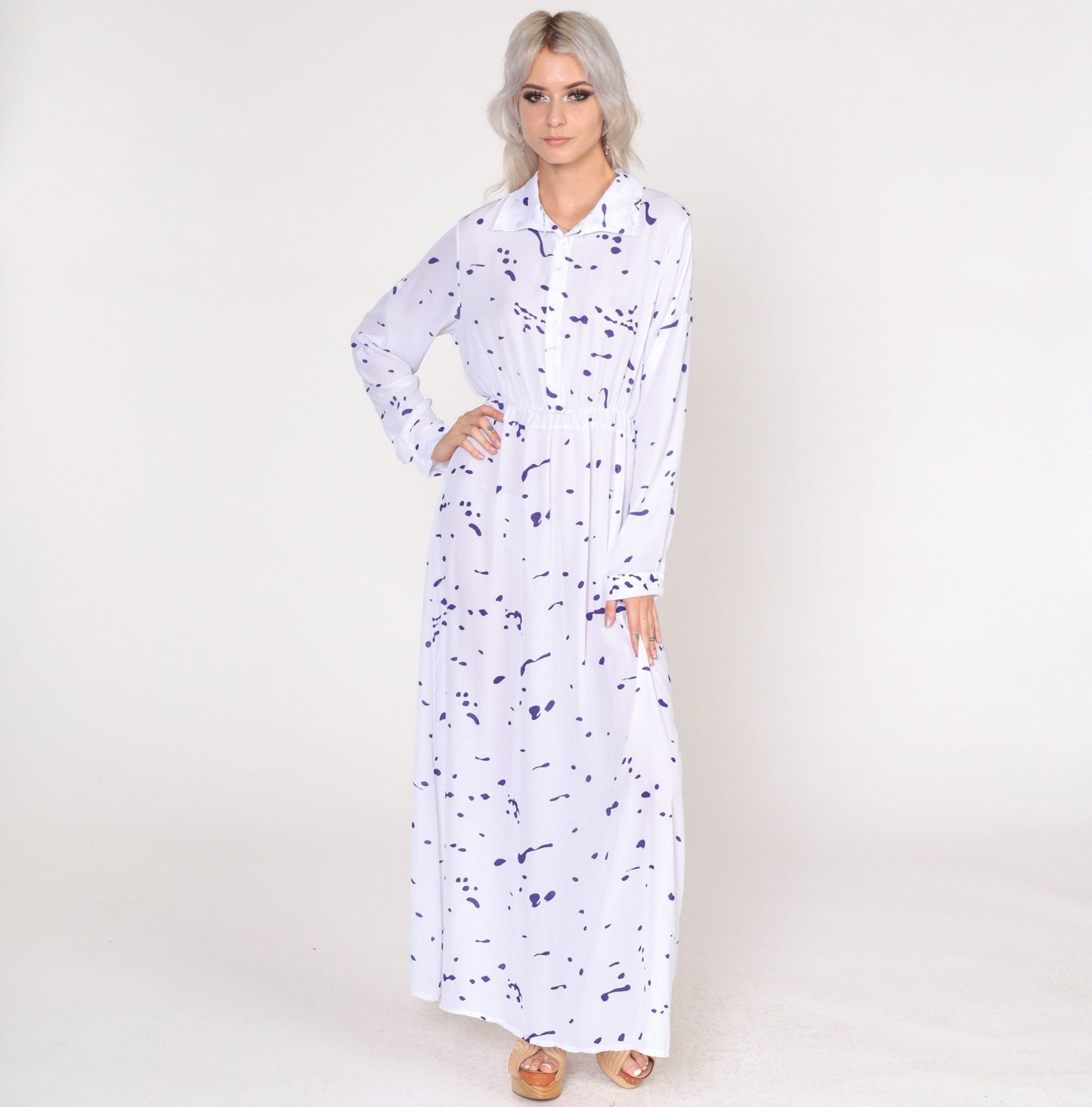 1970s Abstract Paint Splatter Maxi Dress White Purple Long Sleeve Shirtwaist Small