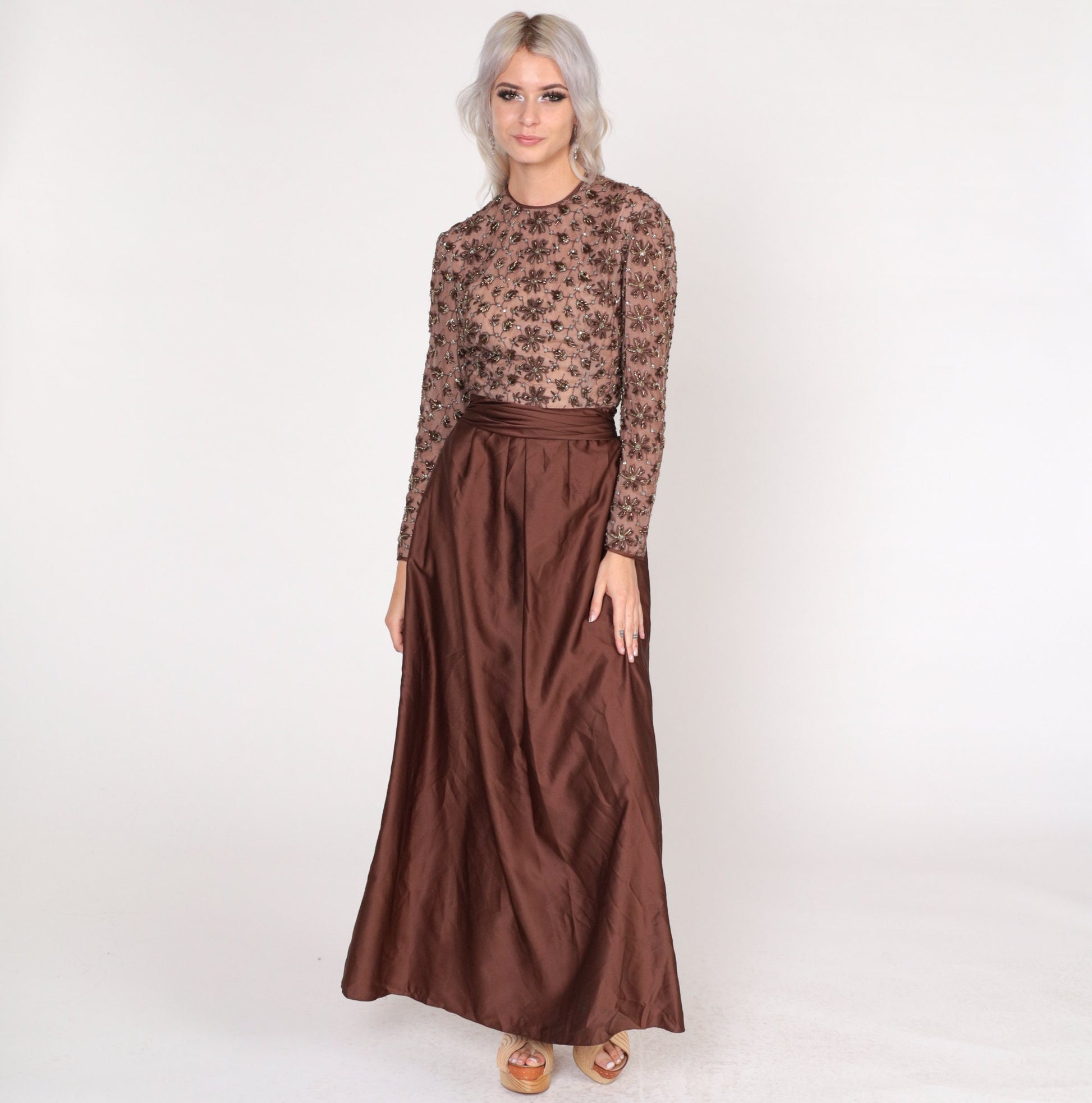 1960s Brown Beaded Floral Maxi Dress Long Sleeve High Waist Small