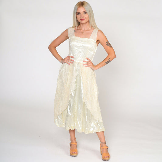 1960s Cream Lace Satin Midi Dress High Waist Sleeveless Extra Small