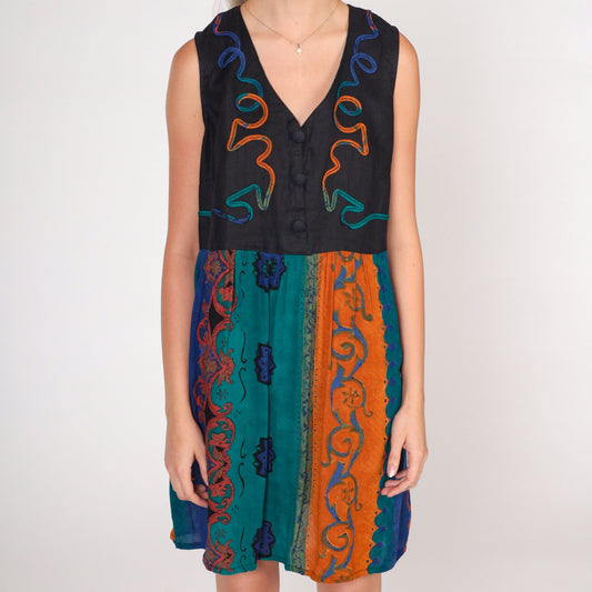 90s Black Abstract Striped Mini Dress Button-Up Sleeveless Medium M