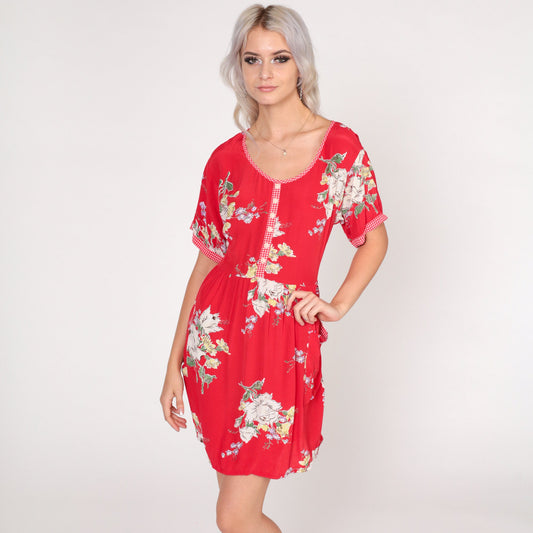 90s Red Floral Mini Dress High Waisted Gingham Trim Pockets Small
