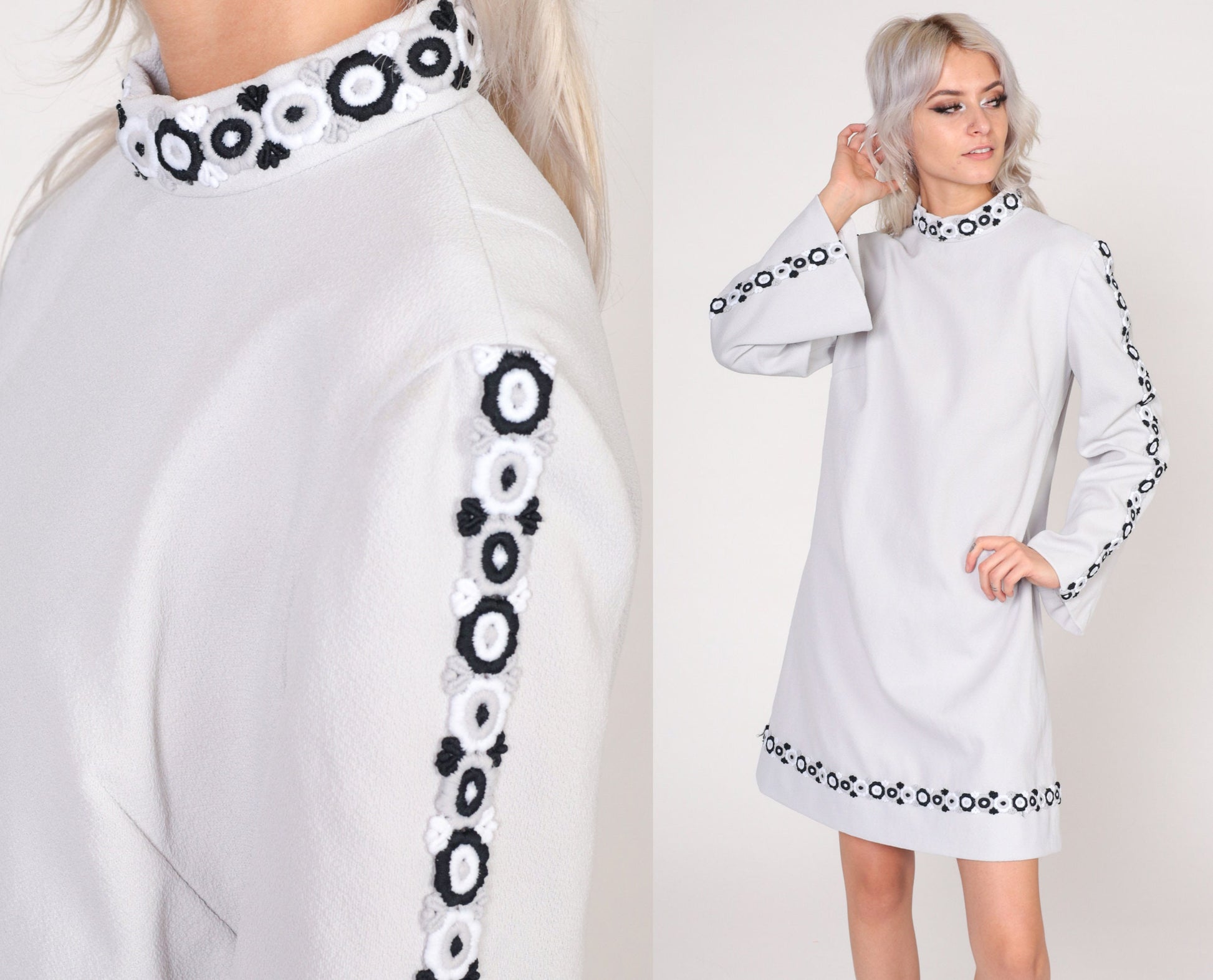 70s Mod Mini Dress Bell Sleeve Mock Neck Floral Embroidered Light Grey Medium