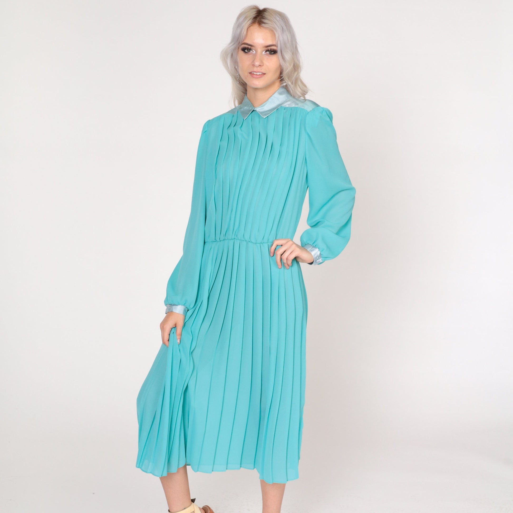 70s Aqua Blue Pleated Midi Dress Collared Puff Sleeve High Waisted Large L