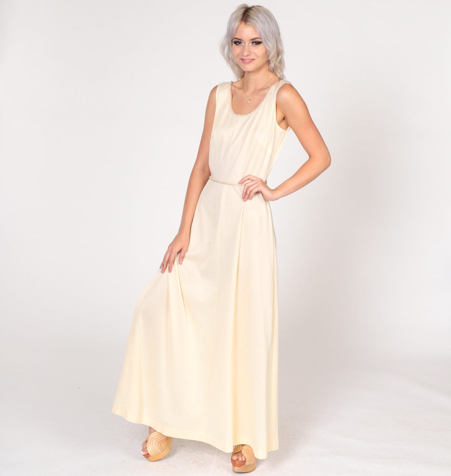 70s Cream Maxi Dress Sleeveless High Waist Scalloped Trim Small