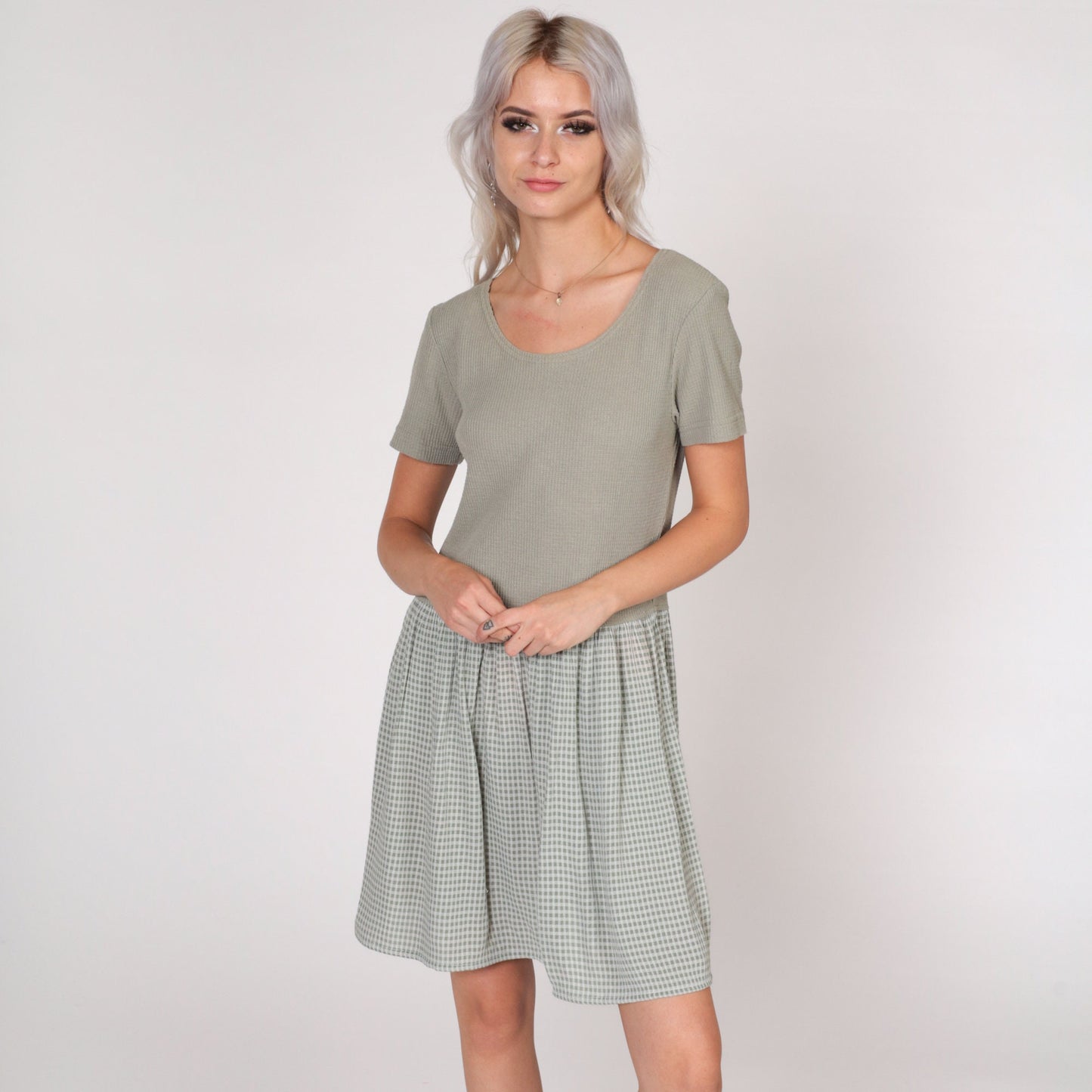 90s All That Jazz Sage Green Waffle Knit Gingham Mini Dress Short Sleeve Large