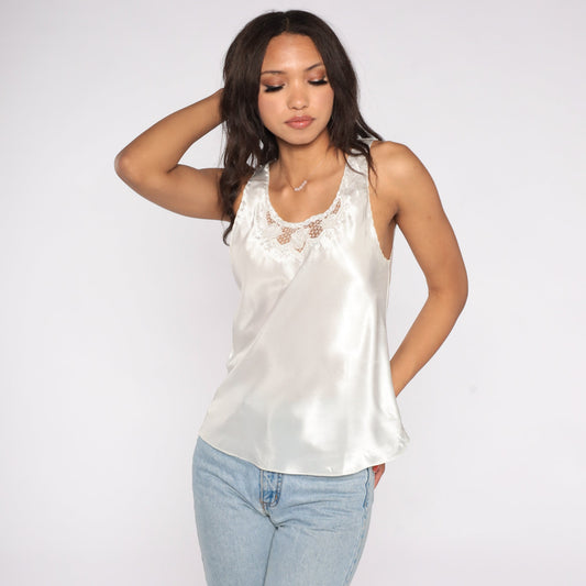 90s White Satin Cutout Tank Top Floral Embroidered Sleeveless Blouse Medium
