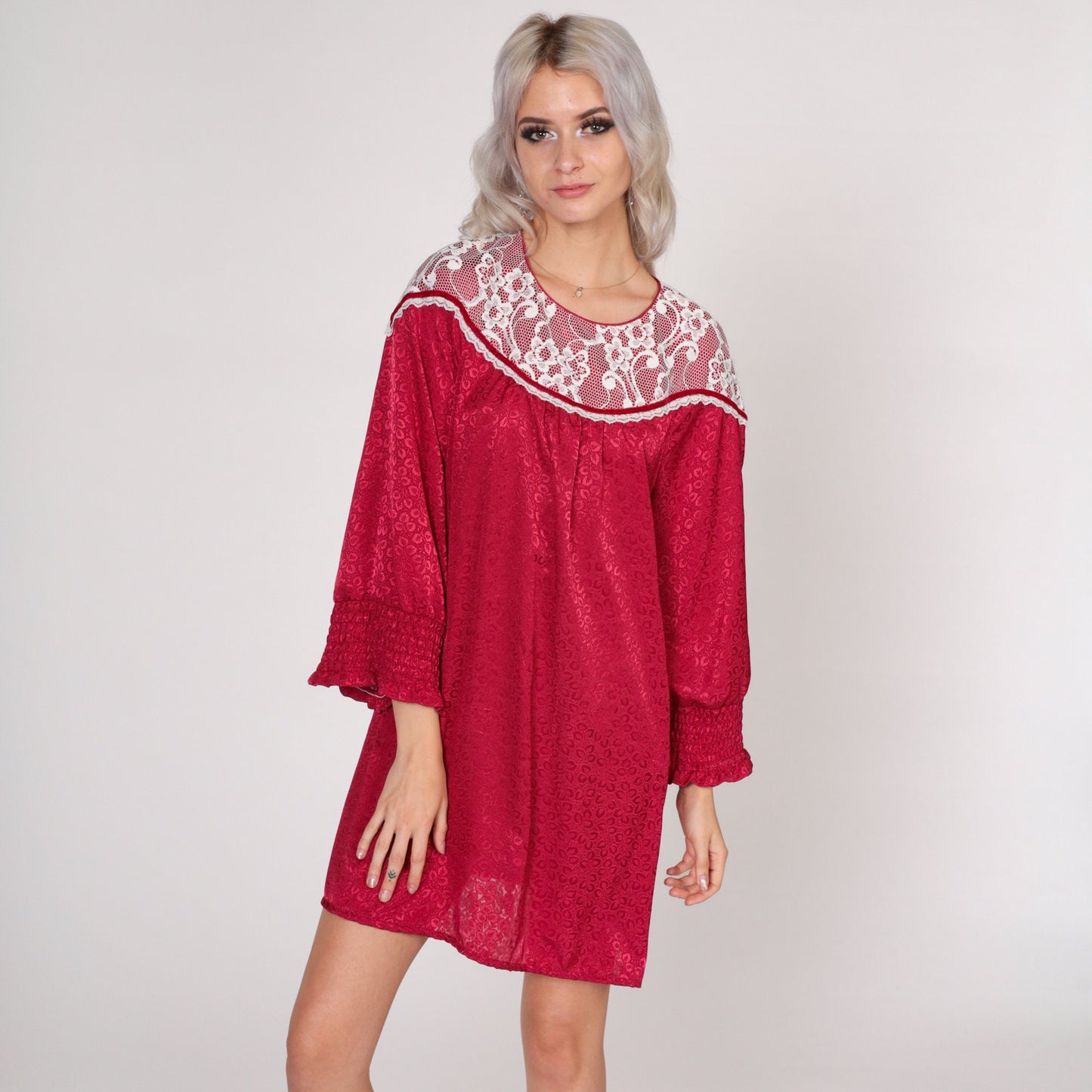 70s Red Mini Dress Lace Bib Embossed Leaf Print Long Sleeve Medium