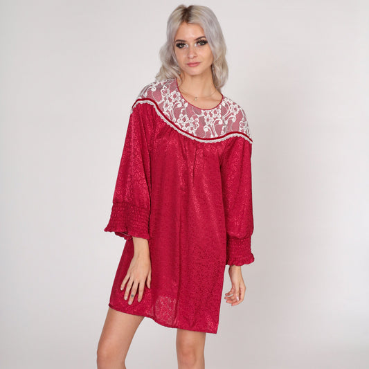 70s Red Mini Dress Lace Bib Embossed Leaf Print Long Sleeve Medium