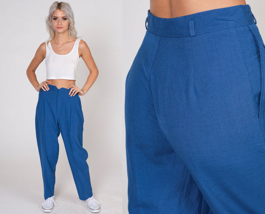 70s Blue Tapered Trousers High Waisted Pleated Pants Small