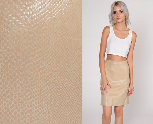 Y2K Beige Snakeskin Leather Mini Skirt High Waisted Pencil Large L