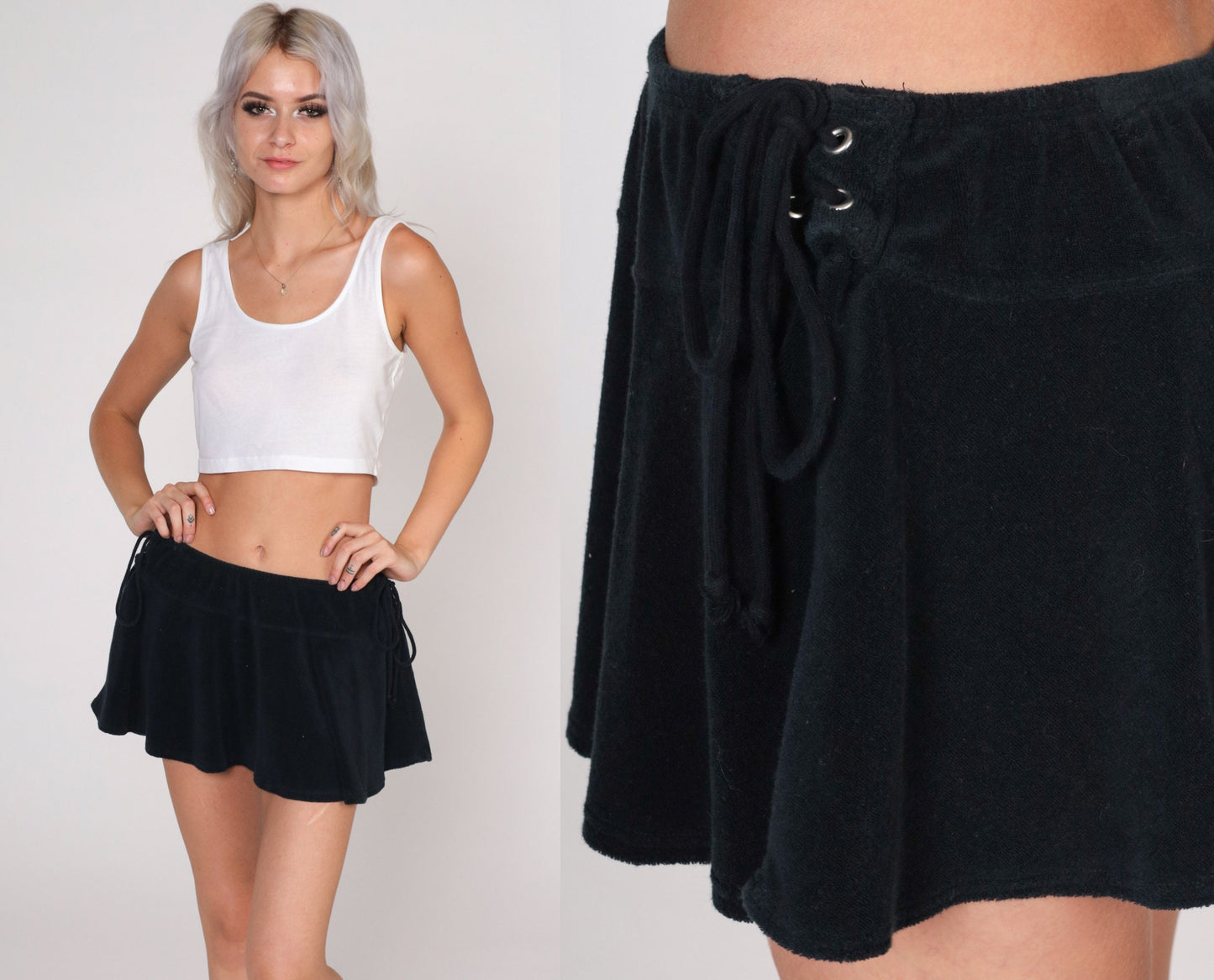00s Black Terrycloth Micro Mini Skirt Lace-Up Sides Y2K Medium