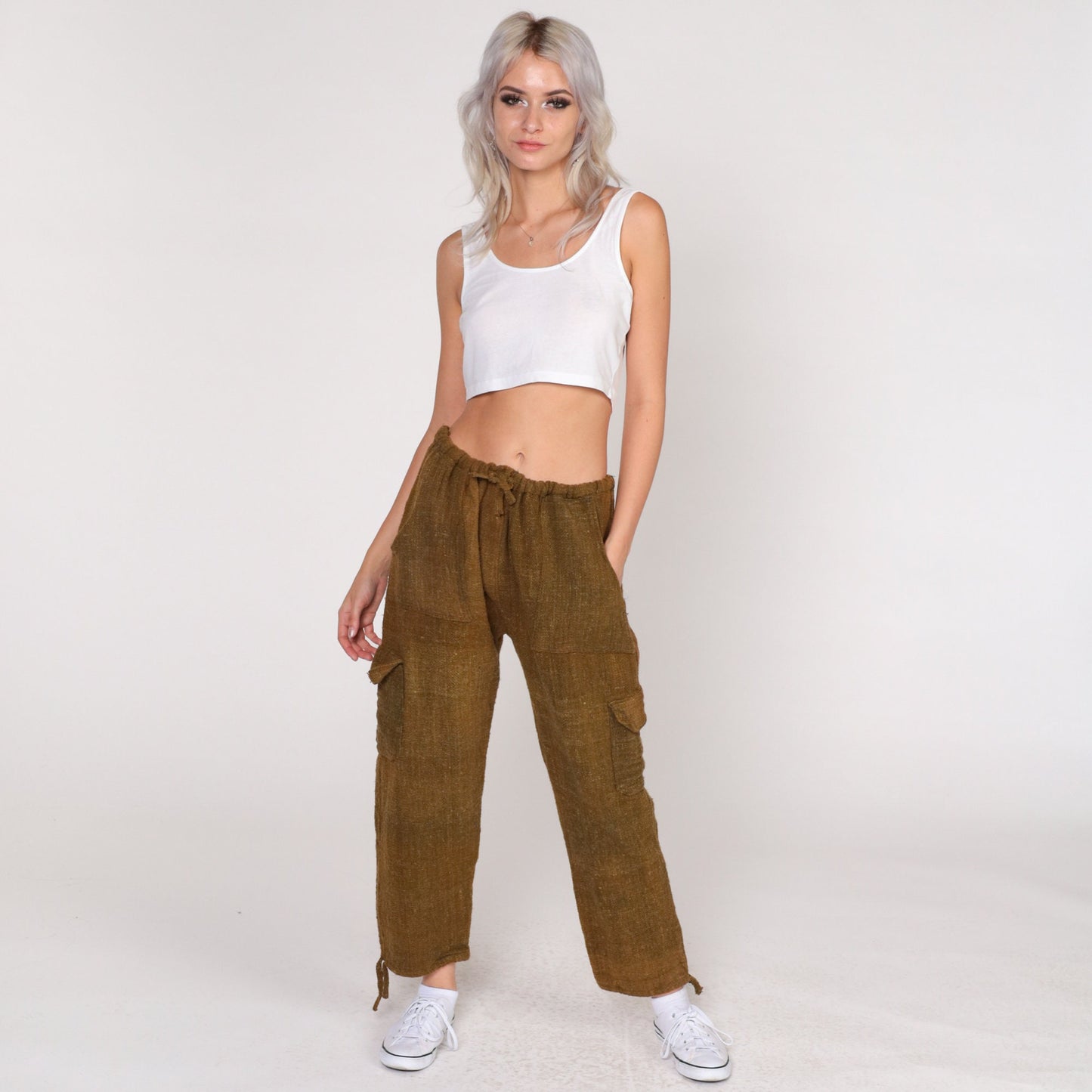 70s Brown Wool Cargo Pants Drawstring Waist Straight Leg Medium Large