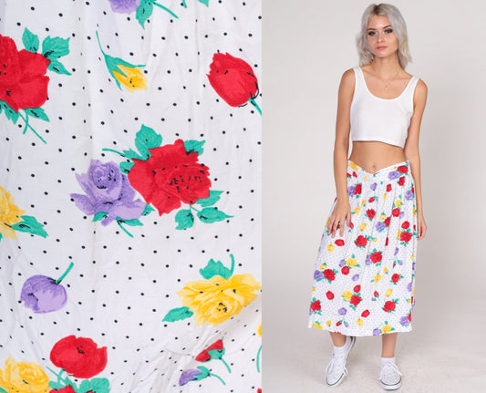 90s Polka Dot Floral Midi Skirt White Black Rose Print Elastic Waist Large