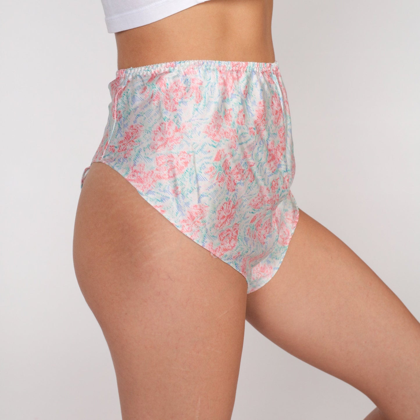 80s Courteney Floral Silk Sleep Shorts Dolphin Cut Pink Blue White Medium