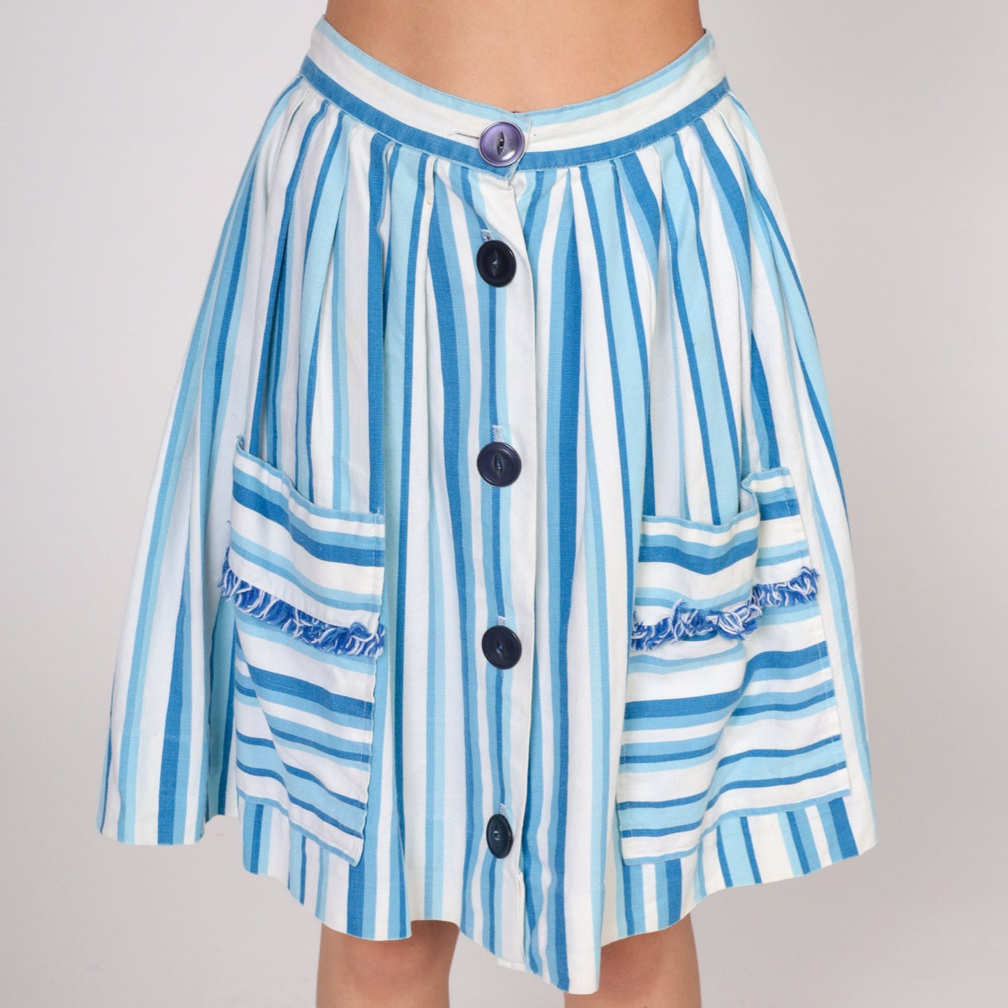 60s Striped Mini Skirt Blue White Button Front Pockets Cotton Extra Small