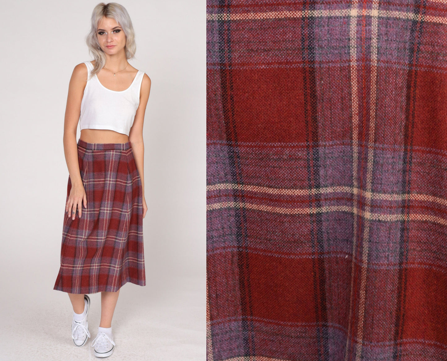 80s Rust Red Plaid Wool Midi Skirt High Waist A-Line Small