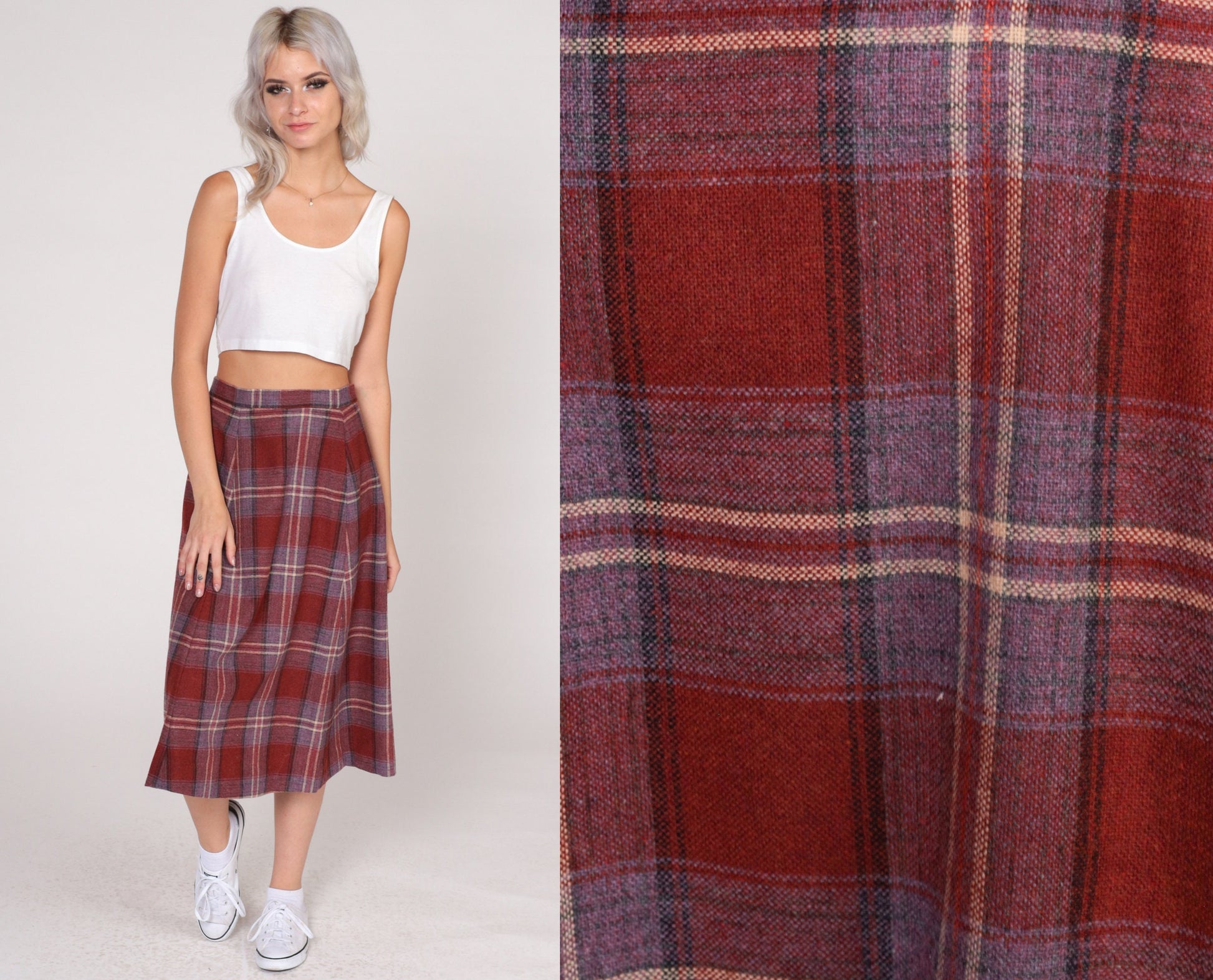 80s Rust Red Plaid Wool Midi Skirt High Waist A-Line Small