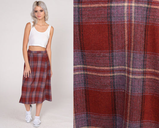 80s Rust Red Plaid Wool Midi Skirt High Waist A-Line Small