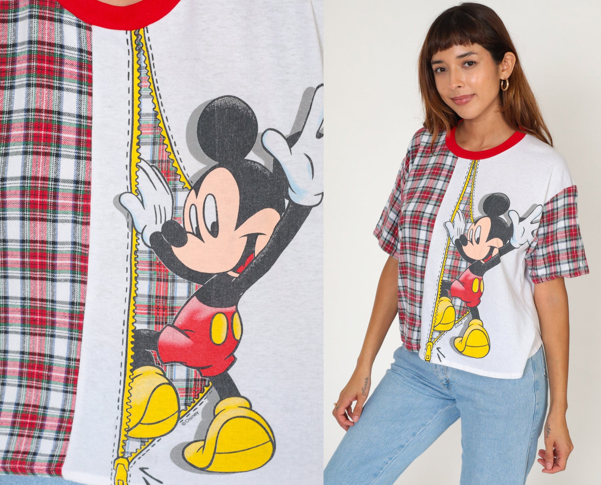90s Mickey Mouse Ringer T-Shirt Plaid Graphic White Red Small S