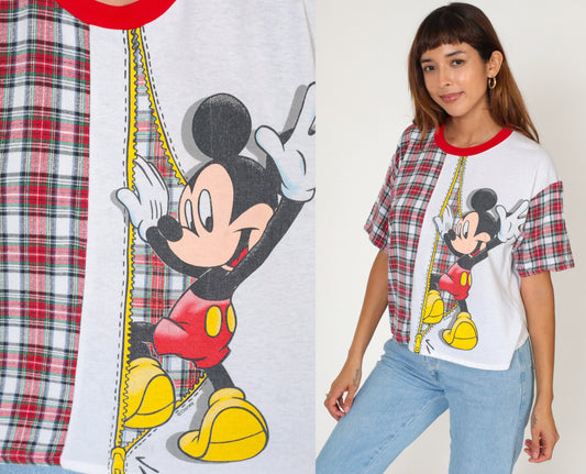 90s Mickey Mouse Ringer T-Shirt Plaid Graphic White Red Small S