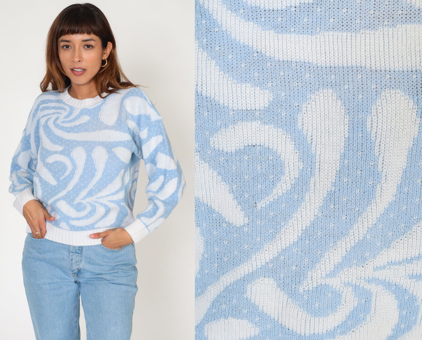 80s Baby Blue White Swirl Abstract Knit Crewneck Sweater Small