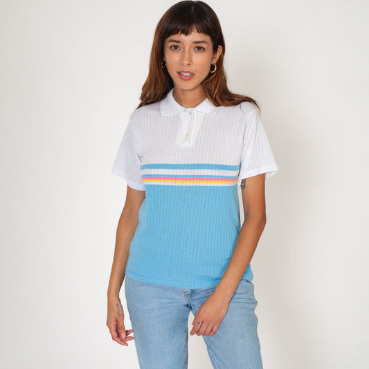 80s Striped Polo Shirt White Blue Pink Yellow Color Block Small