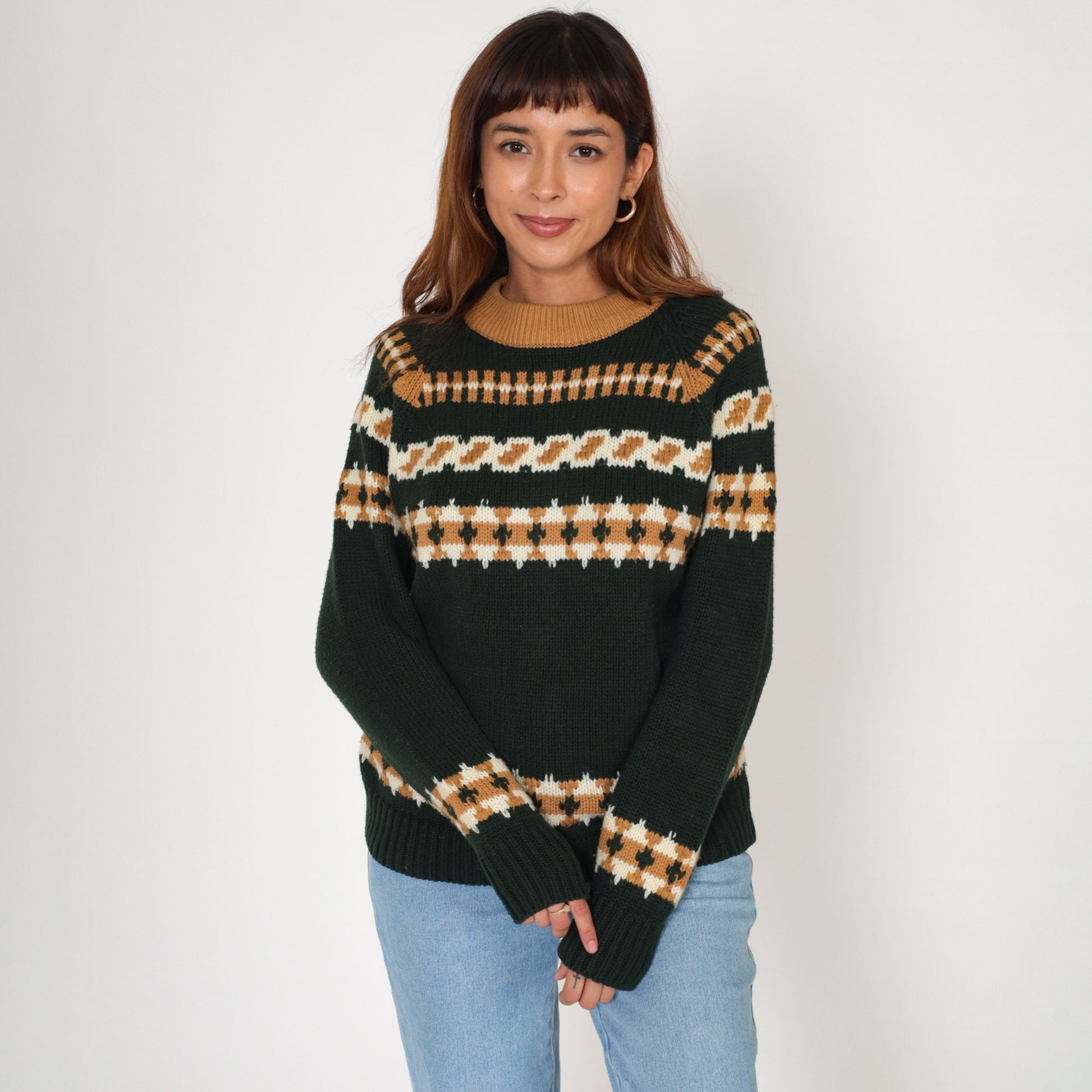 70s Sigallo Geometric Striped Pullover Sweater Green Ringer Crewneck Medium M