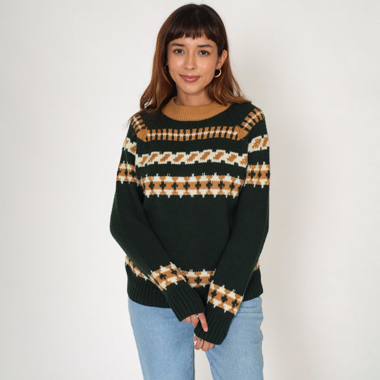 70s Sigallo Geometric Striped Pullover Sweater Green Ringer Crewneck Medium M