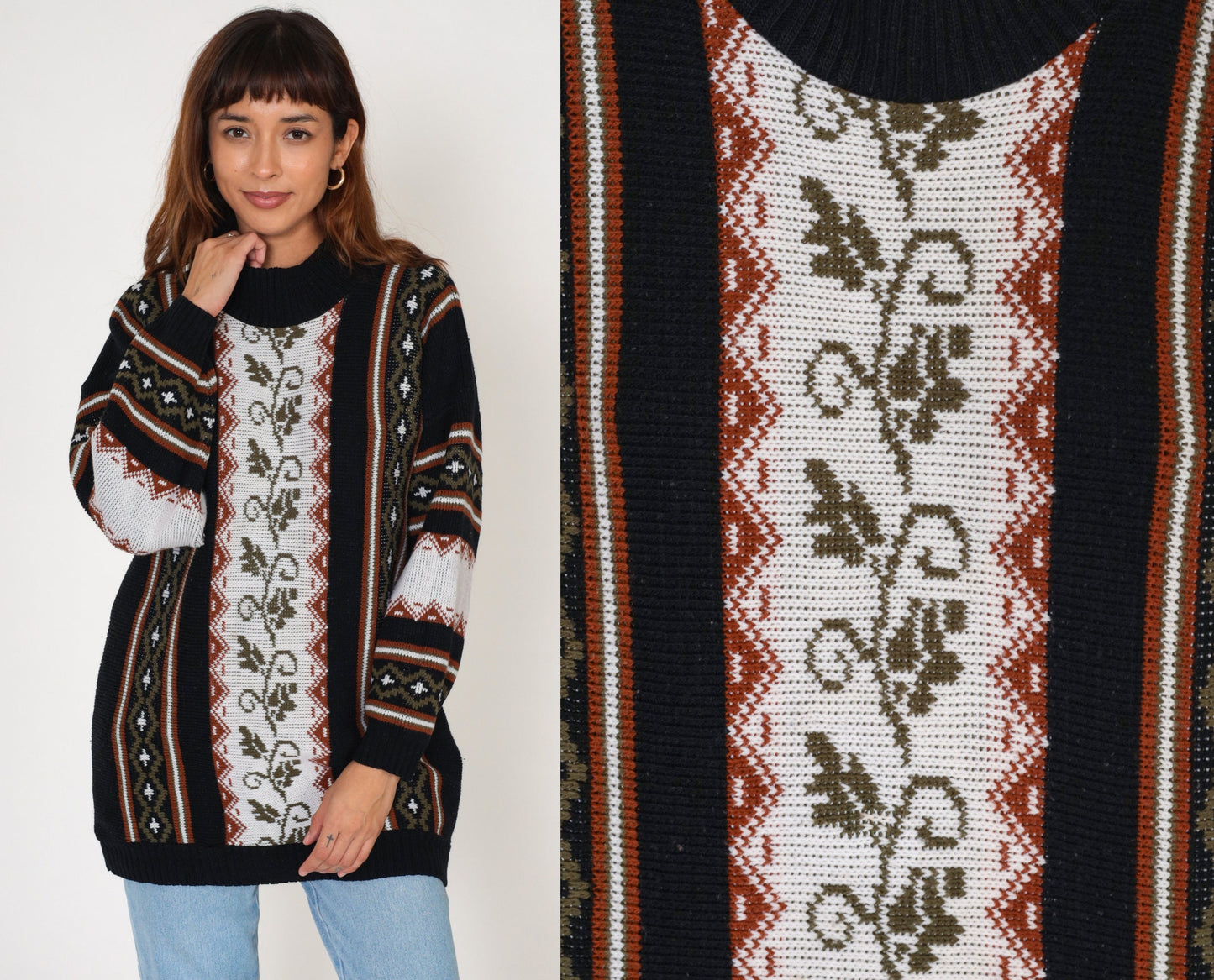 80s Clifton Place Knit Sweater Vine Striped Pullover Black Extra Large